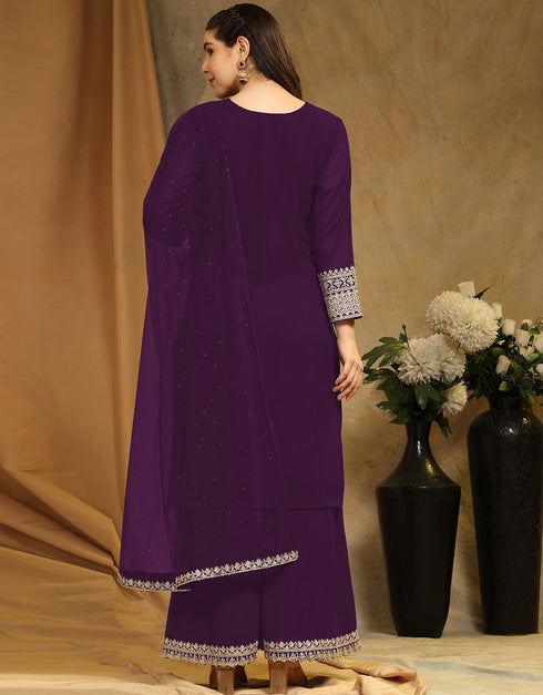 Traditional Party Wear Faux Georgette Salwar Suit Purple Faux Georgette Palazzo Suit Side View